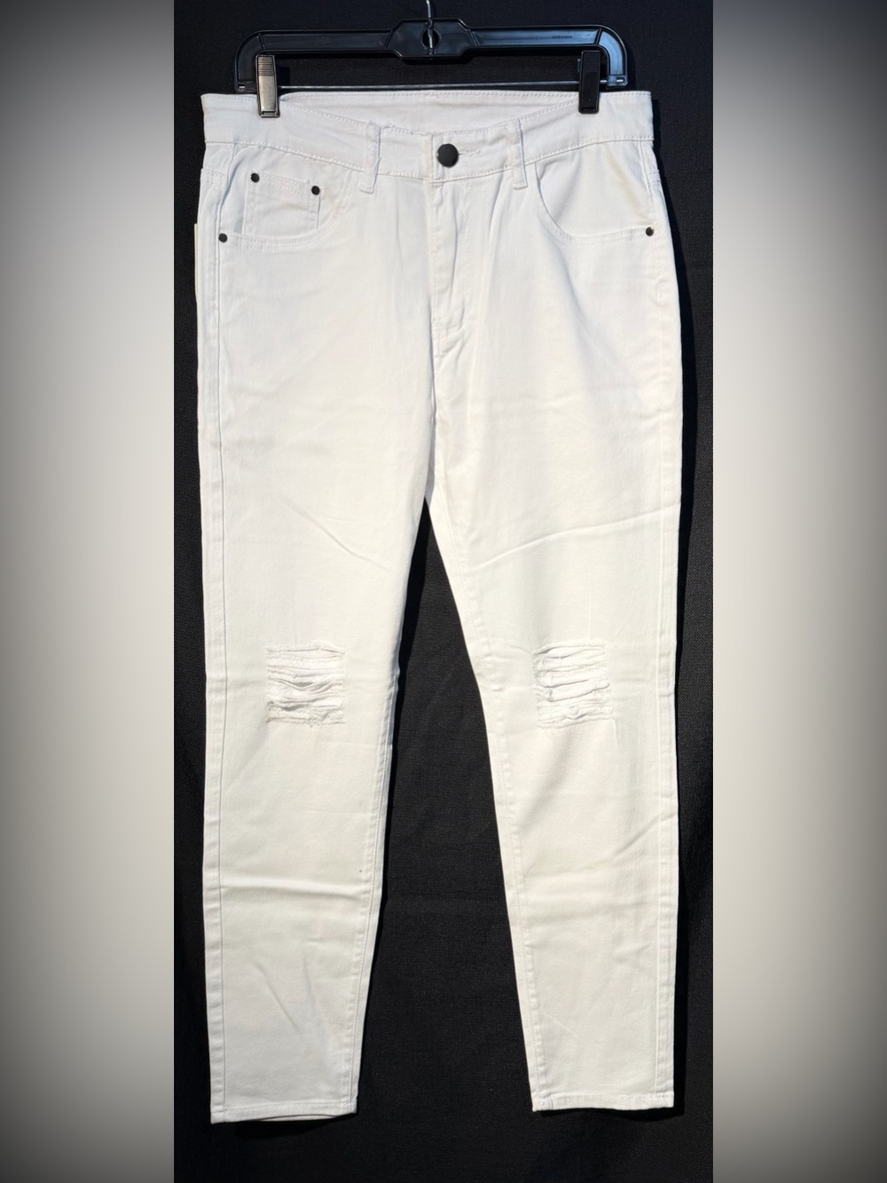 Longbida Unisex White Denim Distressed Jeans Size 30 Slim Fit Stretch - NWT